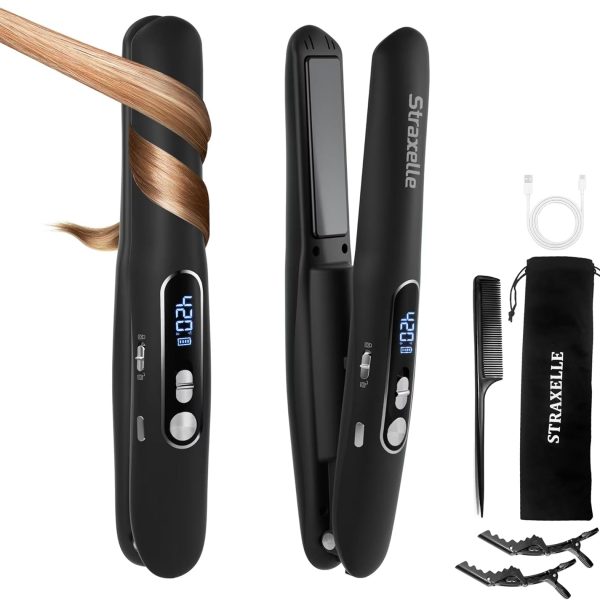 Mini Cordless Hair Straightener and Curler 2 in 1, Mini Portable Flat Iron Adjustable 350°F-420°F Travel Hair Straighteners LED Display（Black）