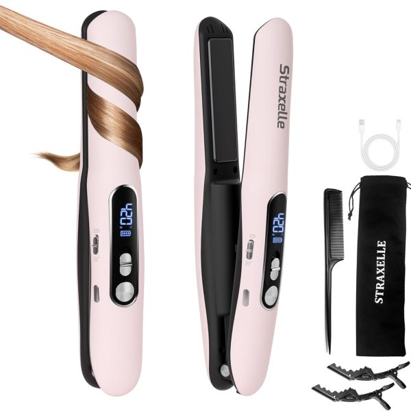 Mini Cordless Hair Straightener and Curler 2 in 1, Mini Portable Flat Iron Adjustable 350°F-420°F Travel Hair Straighteners LED Display/5000mAh（Pink）